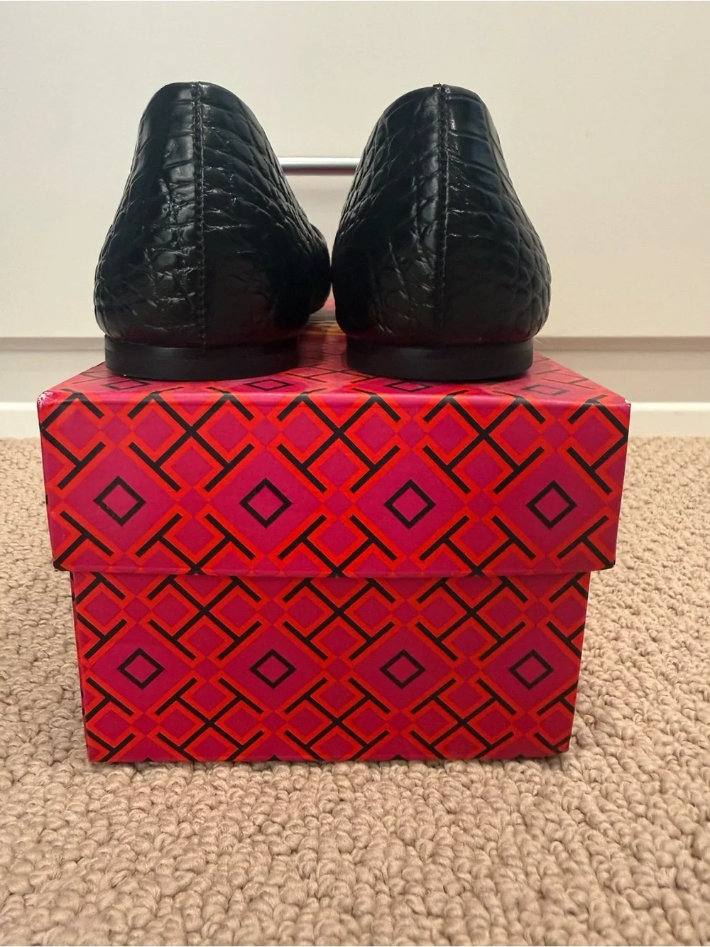 Tory Burch Georgia Square-Toe Ballet Flats - Black Croc-Embossed Logo-NWOT, 7.5M